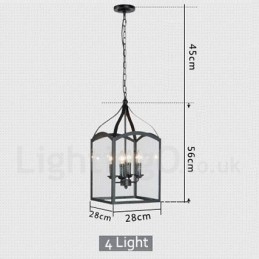 Lampada a sospensione rustica in metallo nero a 4 luci con paralume in vetro