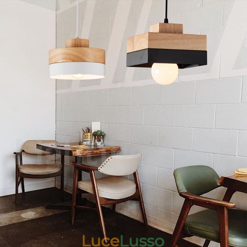 Lampada a sospensione moderna in legno e metallo, contemporanea