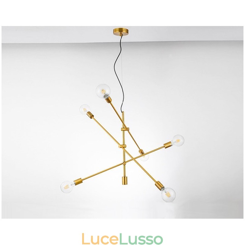 Lampadario in rame a 6 luci con paralume in vetro