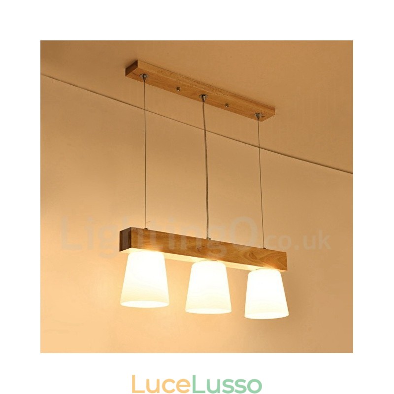 Lampada a sospensione moderna e contemporanea in legno a 3 luci