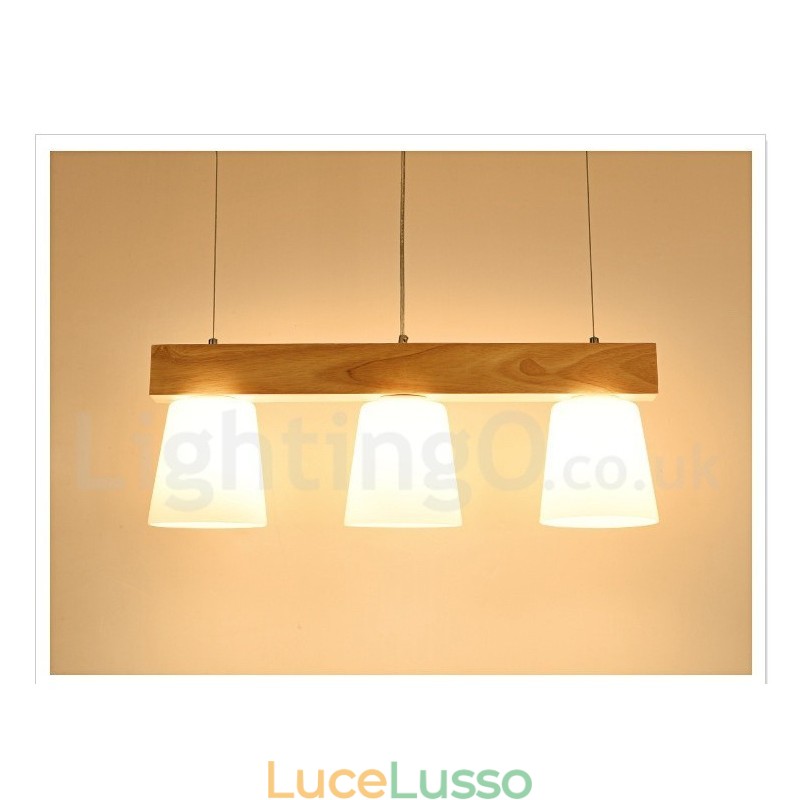 Lampada a sospensione moderna e contemporanea in legno a 3 luci