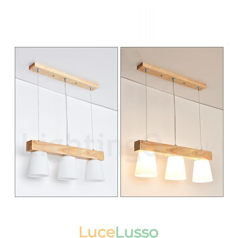 Lampada a sospensione moderna e contemporanea in legno a 3 luci