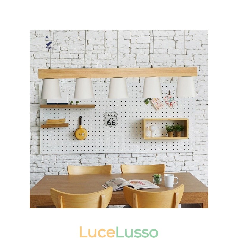 Lampada a sospensione moderna e contemporanea in legno a 5 luci