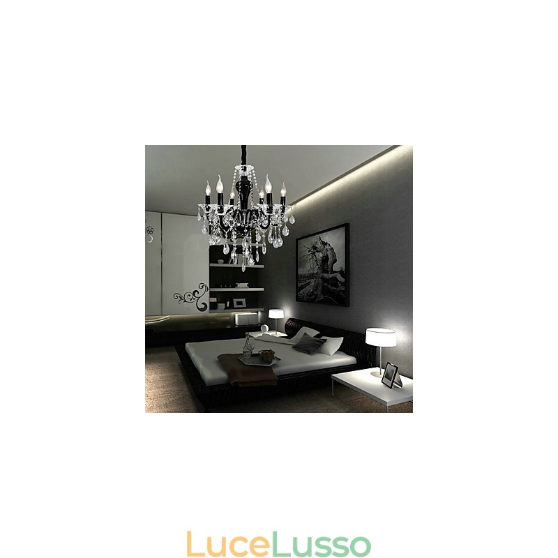 Lampadario in cristallo a 6 luci con accenti di design nero