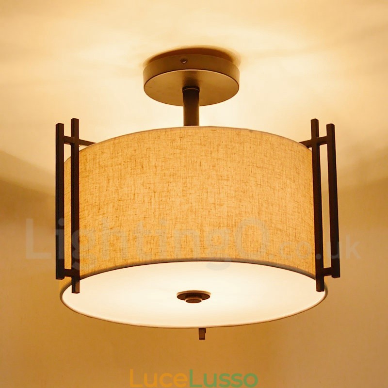 Lampada a sospensione rustica in metallo con paralume in tessuto
