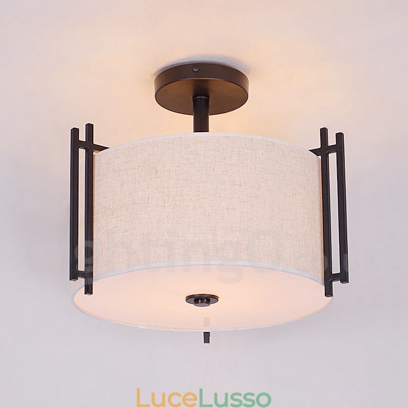 Lampada a sospensione rustica in metallo con paralume in tessuto