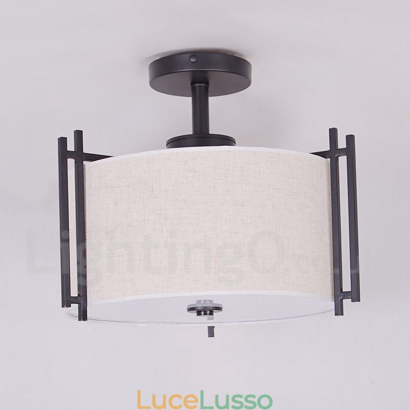 Lampada a sospensione rustica in metallo con paralume in tessuto