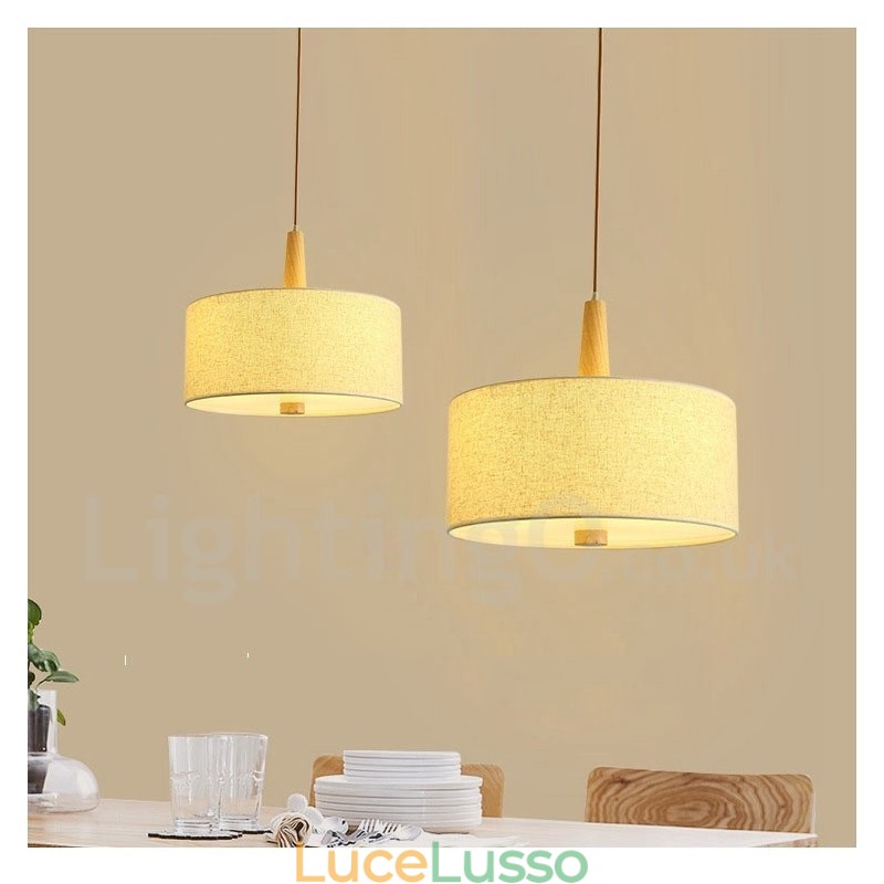 Lampada a sospensione moderna contemporanea a tamburo in legno con paralume in tessuto
