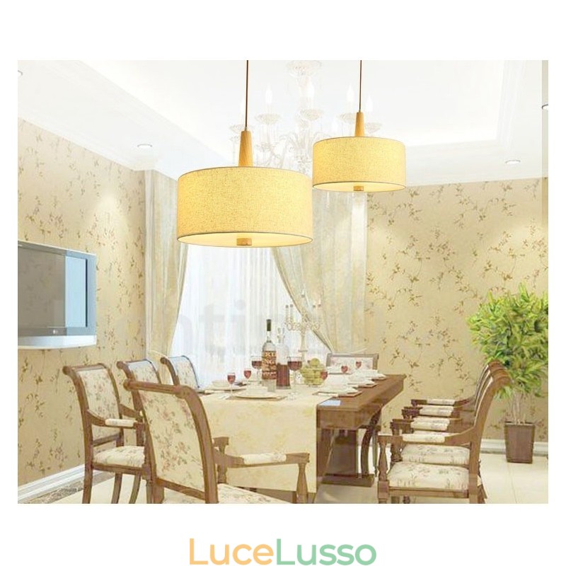 Lampada a sospensione moderna contemporanea a tamburo in legno con paralume in tessuto