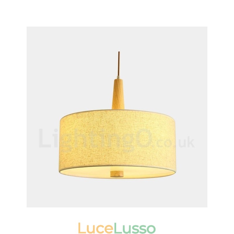 Lampada a sospensione moderna contemporanea a tamburo in legno con paralume in tessuto