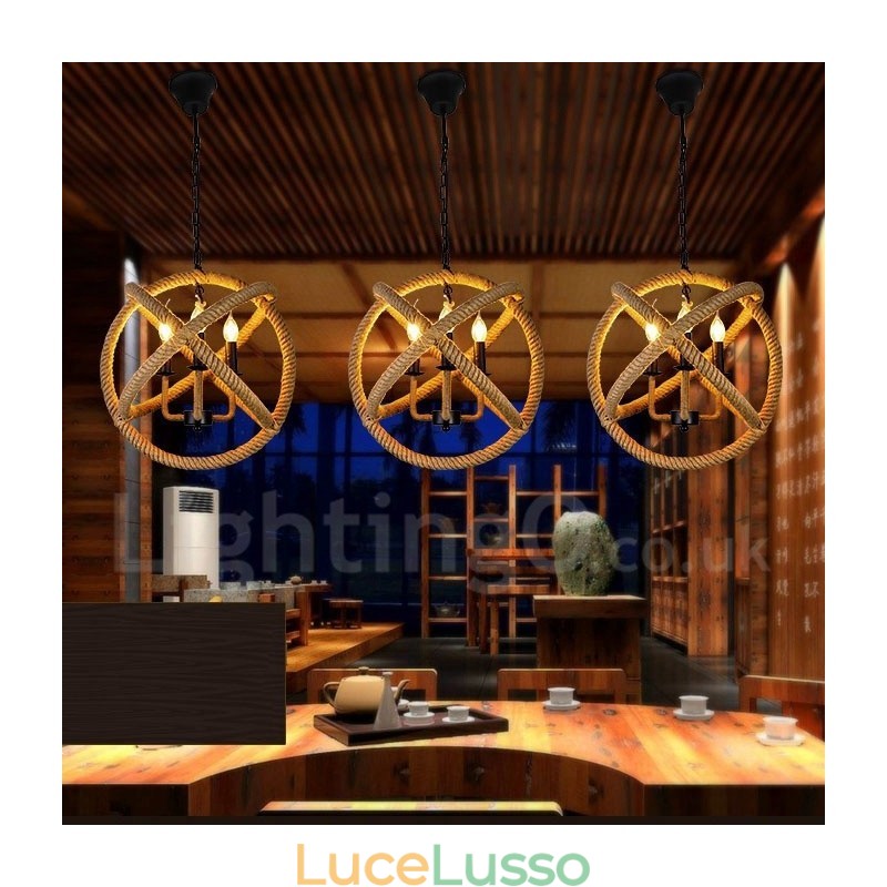 Lampada a sospensione vintage a 3 luci in corda di canapa Country