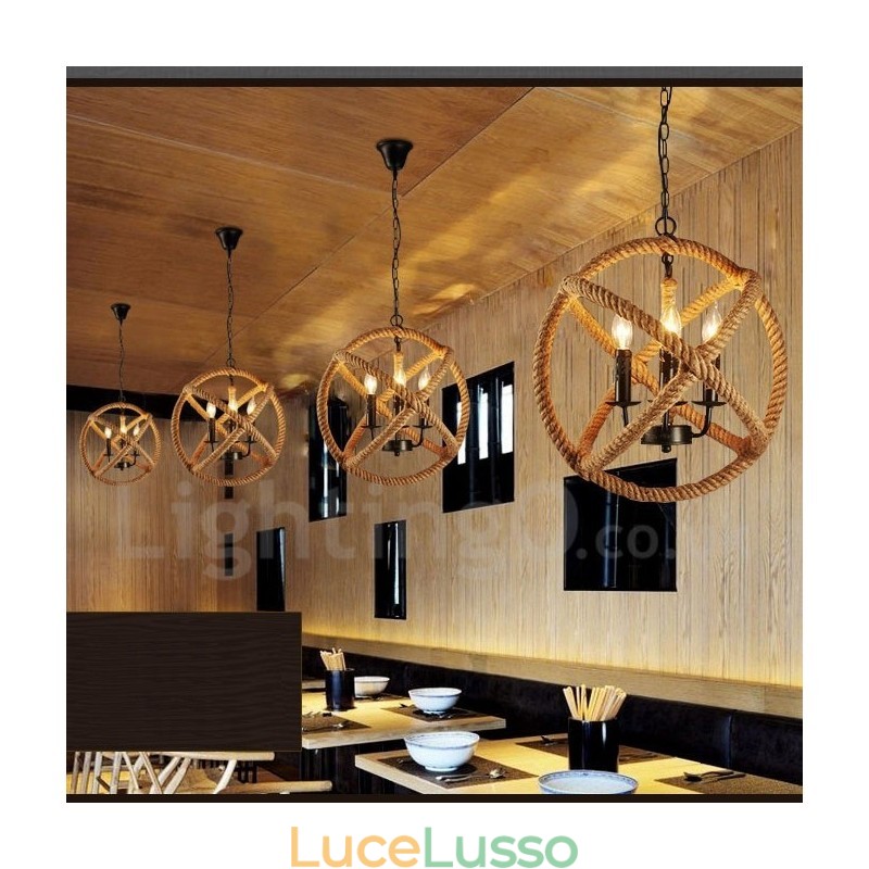 Lampada a sospensione vintage a 3 luci in corda di canapa Country