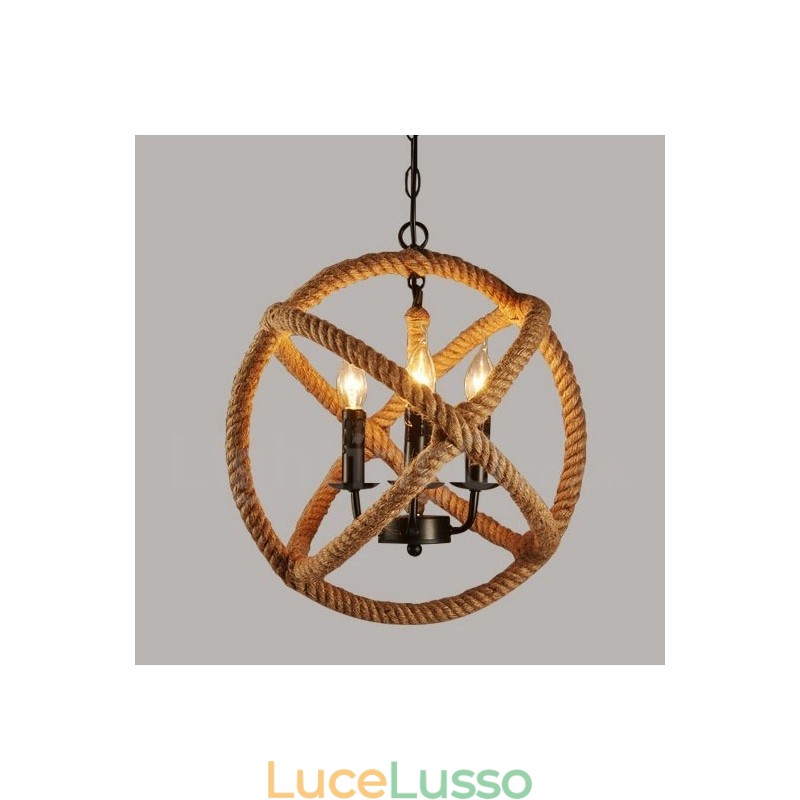 Lampada a sospensione vintage a 3 luci in corda di canapa Country