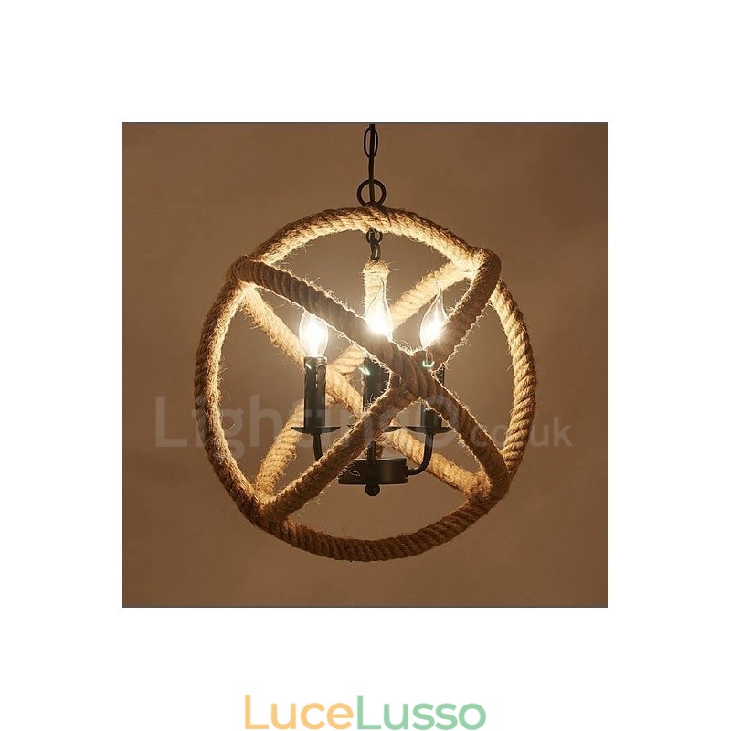 Lampada a sospensione vintage a 3 luci in corda di canapa Country