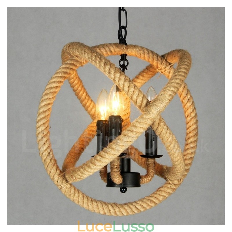 Lampada a sospensione vintage a 3 luci in corda di canapa Country