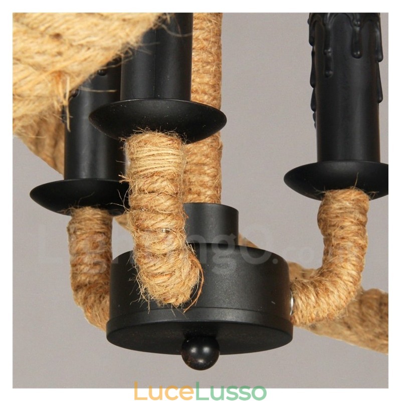 Lampada a sospensione vintage a 3 luci in corda di canapa Country