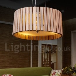 Lampada a sospensione moderna e contemporanea a tamburo in legno