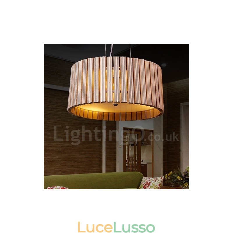Lampada a sospensione moderna e contemporanea a tamburo in legno