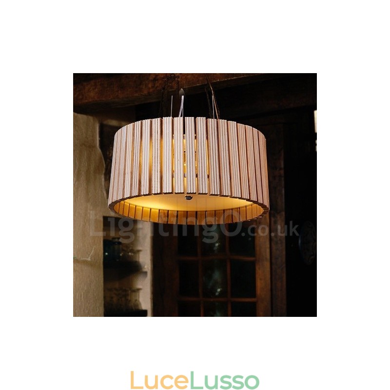 Lampada a sospensione moderna e contemporanea a tamburo in legno