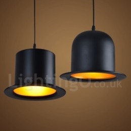 Lampada a sospensione retrò vintage a forma di cappello in metallo nero con 1 luce