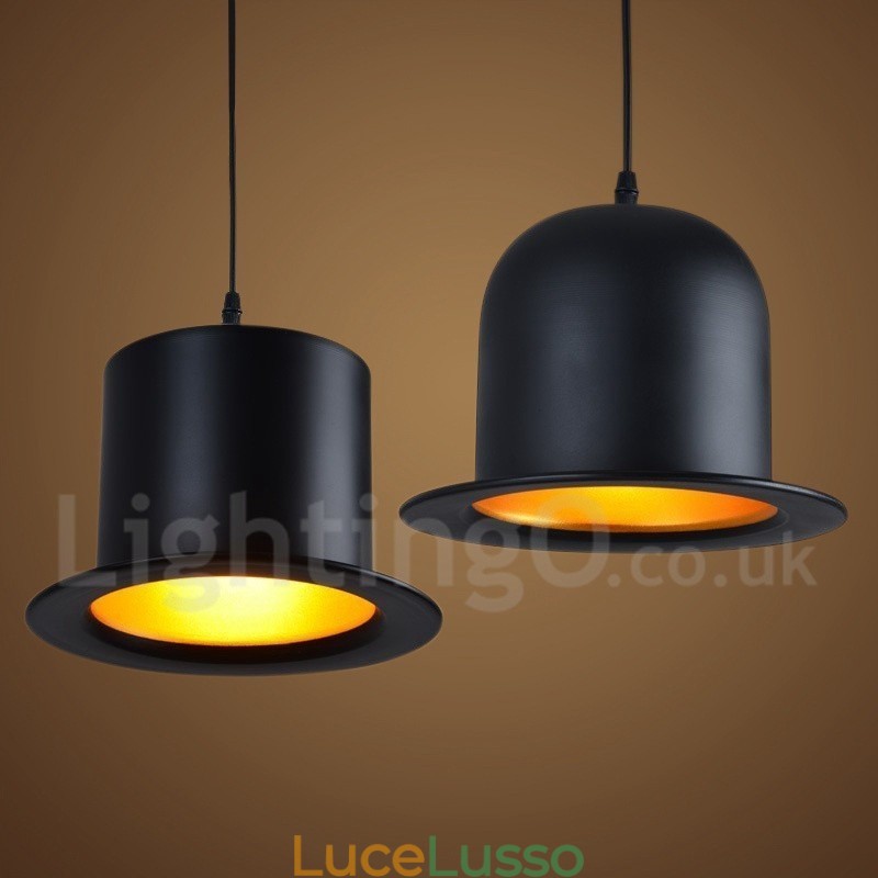 Lampada a sospensione retrò vintage a forma di cappello in metallo nero con 1 luce
