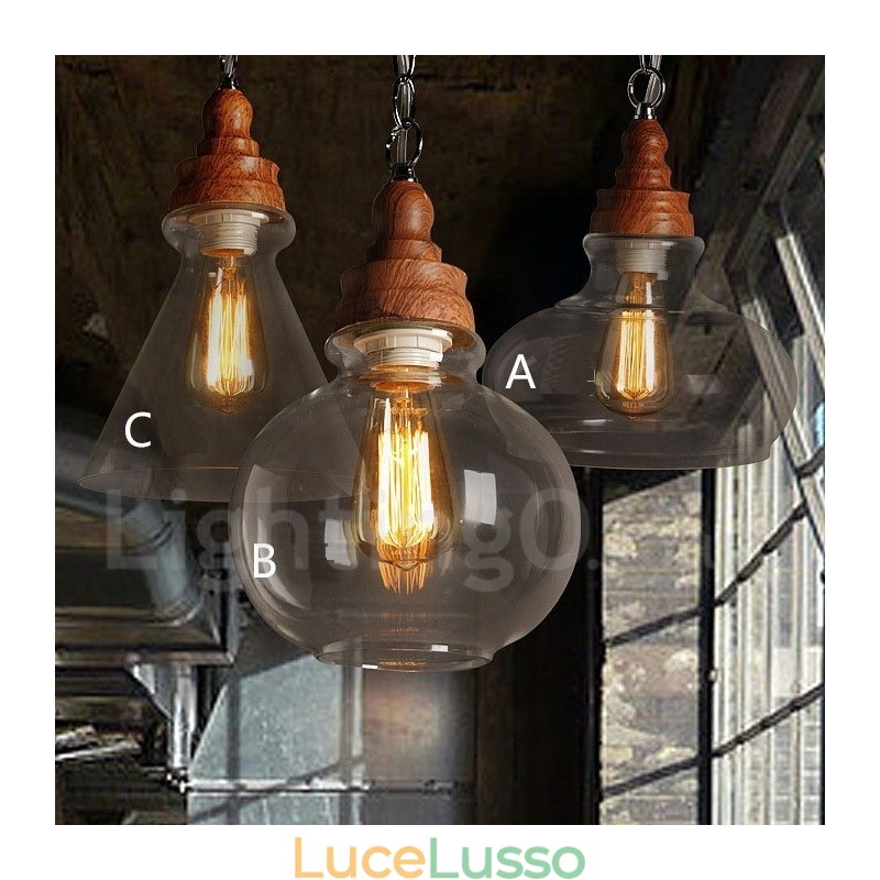 Lampada a sospensione retrò vintage con paralume in vetro