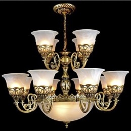 Lampadario in bronzo quindici luci vetro moiré europeo retrò classico