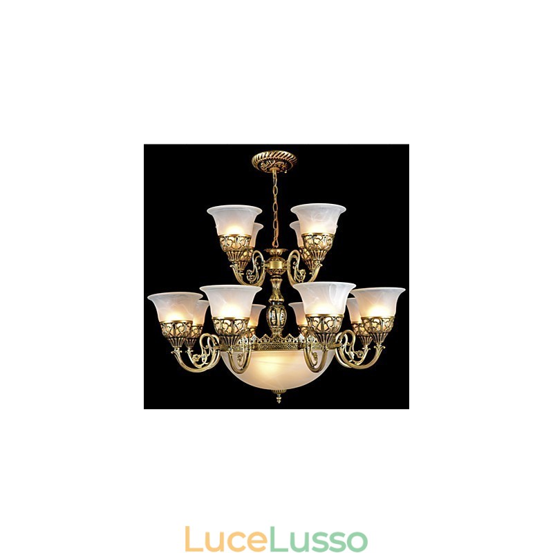 Lampadario in bronzo quindici luci vetro moiré europeo retrò classico