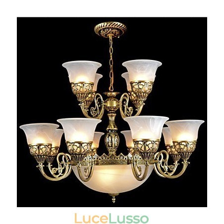 Lampadario in bronzo quindici luci vetro moiré europeo retrò classico Lampadario in bronzo quindici luci vetro moiré europeo retrò classico