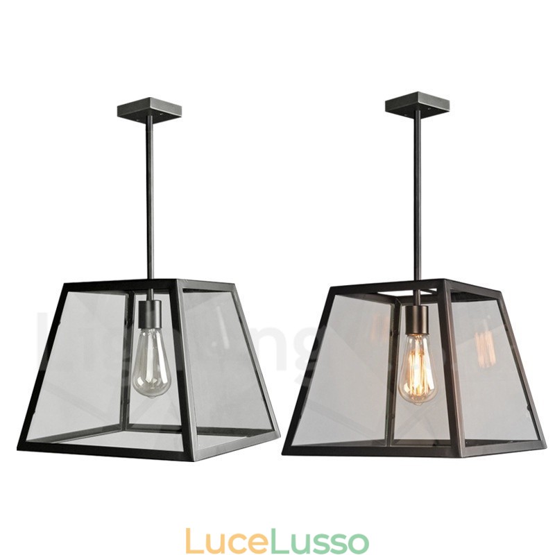 Lampada a sospensione vintage in metallo con paralume in vetro