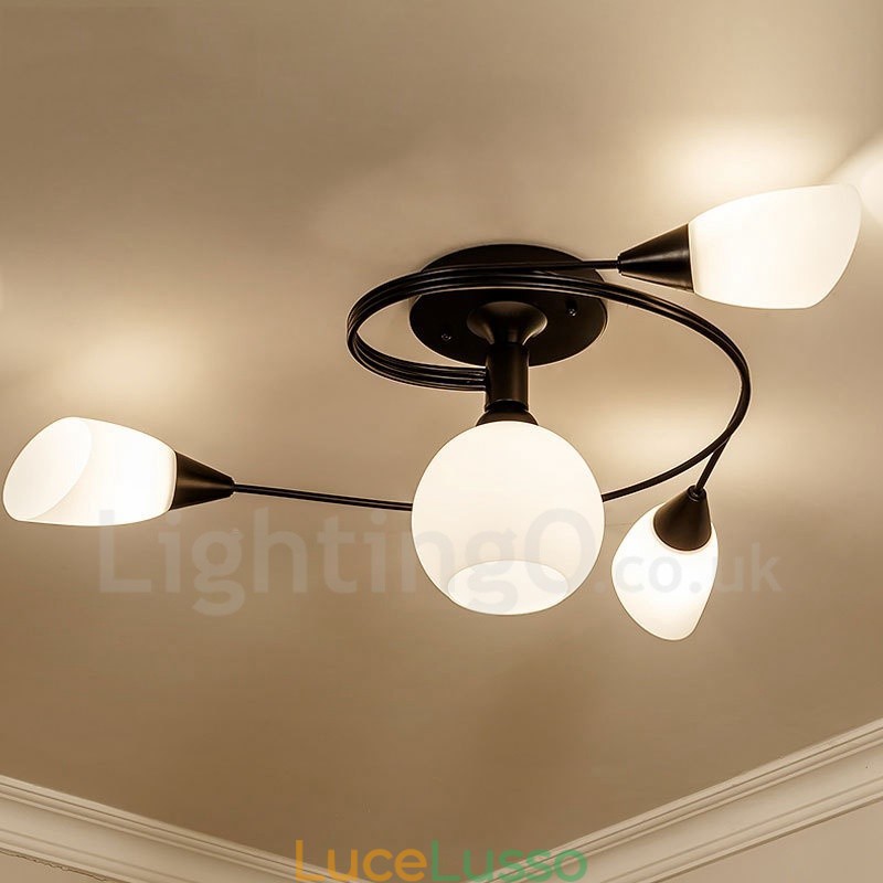 Lampadario rustico Lodge integrato a 4 luci con paralume in vetro
