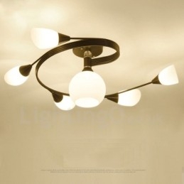 Lampadario rustico integrato a 6 luci con paralume in vetro