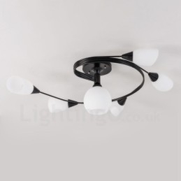 Lampadario rustico integrato a 6 luci con paralume in vetro