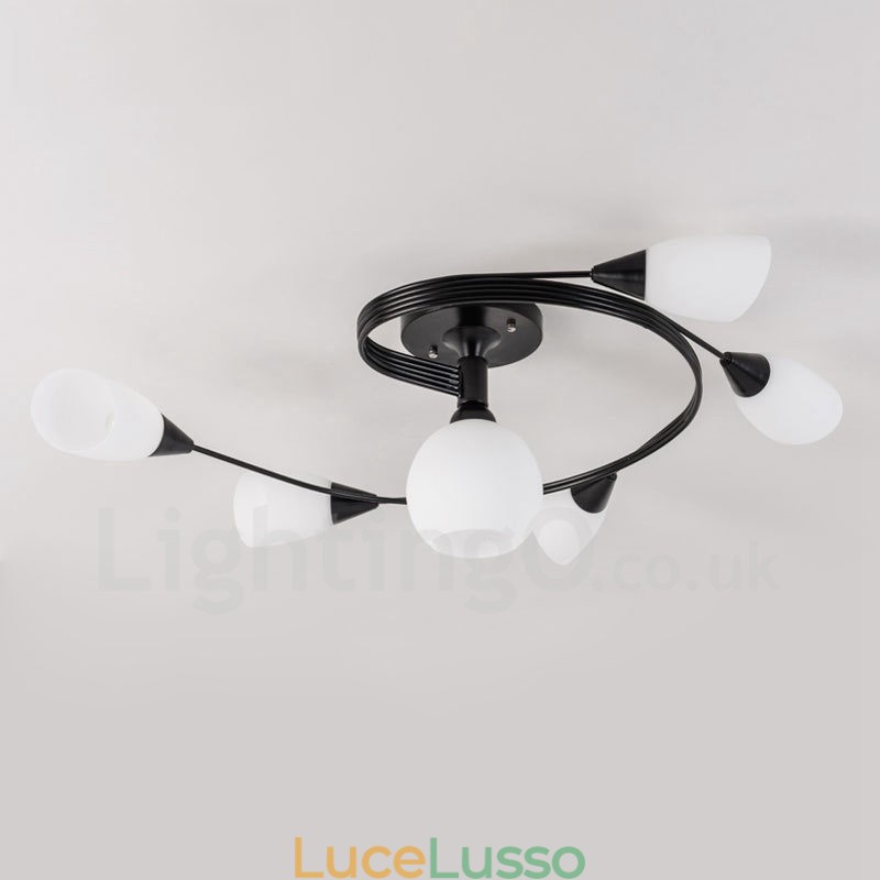 Lampadario rustico integrato a 6 luci con paralume in vetro