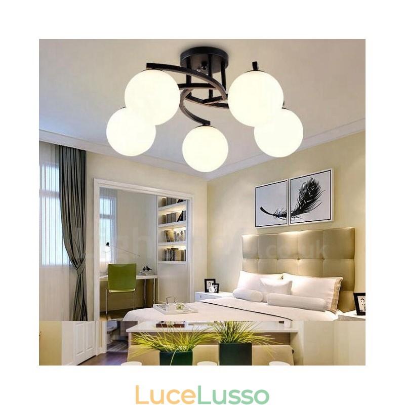 Lampadario rustico integrato a 5 luci con paralume in vetro