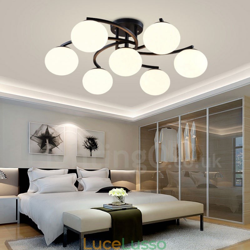 Lampadario rustico Lodge integrato a 7 luci con paralume in vetro