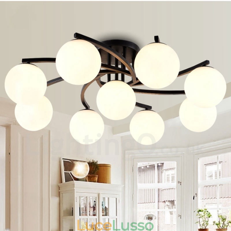 Lampadario rustico Lodge integrato a 9 luci con paralume in vetro