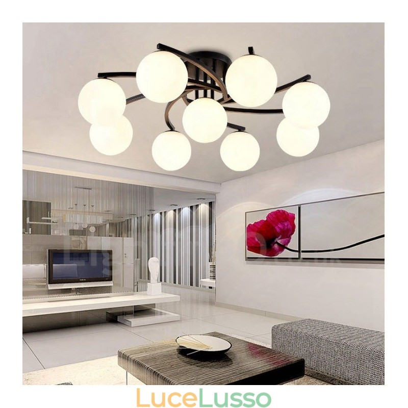Lampadario rustico Lodge integrato a 9 luci con paralume in vetro