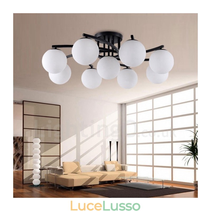 Lampadario rustico Lodge integrato a 9 luci con paralume in vetro