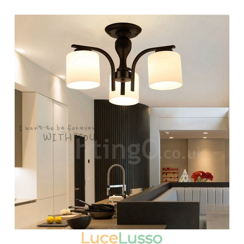 Lampadario in metallo integrato Country a 3 luci con paralume in vetro