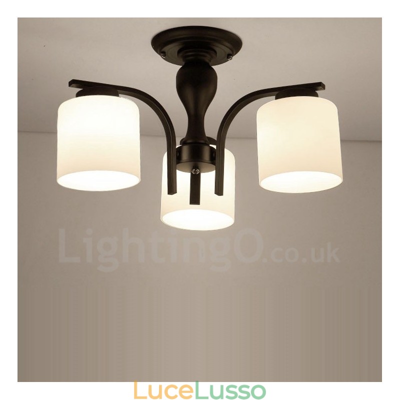 Lampadario in metallo integrato Country a 3 luci con paralume in vetro