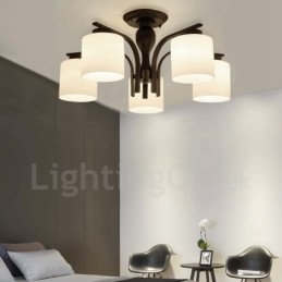 Lampadario in metallo integrato Country a 5 luci con paralume in vetro