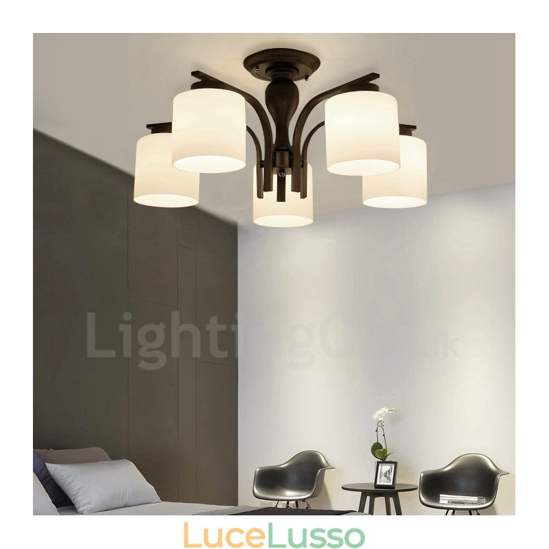 Lampadario in metallo integrato Country a 5 luci con paralume in vetro