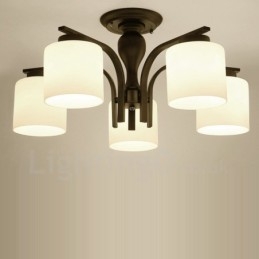 Lampadario in metallo integrato Country a 5 luci con paralume in vetro