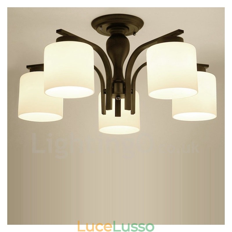 Lampadario in metallo integrato Country a 5 luci con paralume in vetro