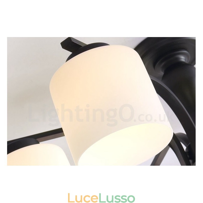 Lampadario in metallo integrato Country a 5 luci con paralume in vetro