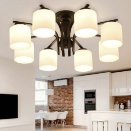 Lampadario in metallo integrato Country a 8 luci con paralume in vetro