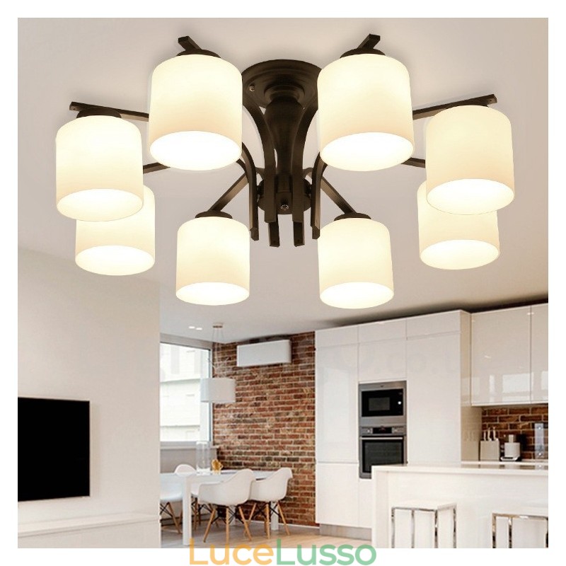 Lampadario in metallo integrato Country a 8 luci con paralume in vetro