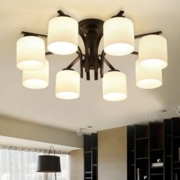 Lampadario in metallo integrato Country a 8 luci con paralume in vetro