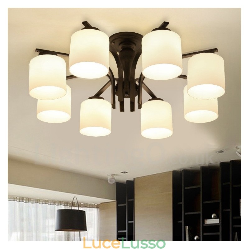 Lampadario in metallo integrato Country a 8 luci con paralume in vetro